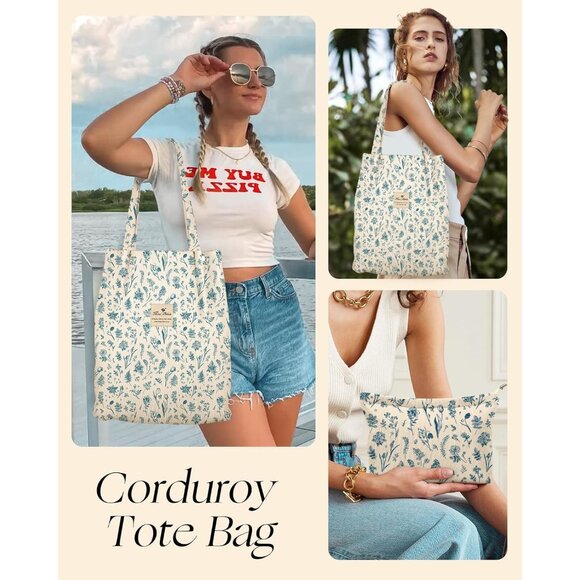 Stylish Large Corduroy Tote Bag with Makeup Pouch - Perfect for Everyday Use - Picture 6 of 6